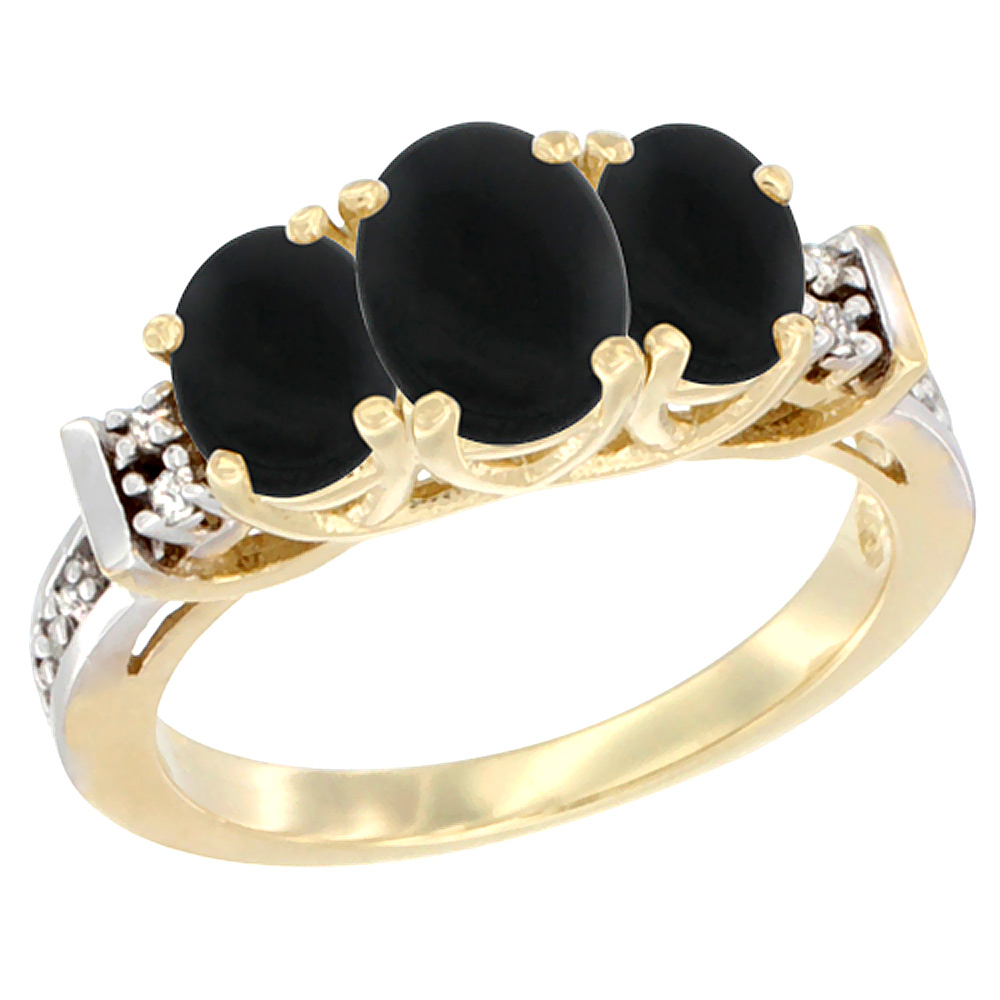 14K Yellow Gold Natural Black Onyx Ring 3-Stone Oval Diamond Accent