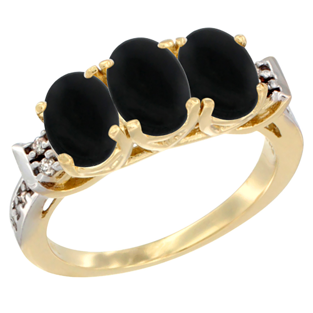 14K Yellow Gold Natural Black Onyx Ring 3-Stone Oval 7x5 mm Diamond Accent, sizes 5 - 10