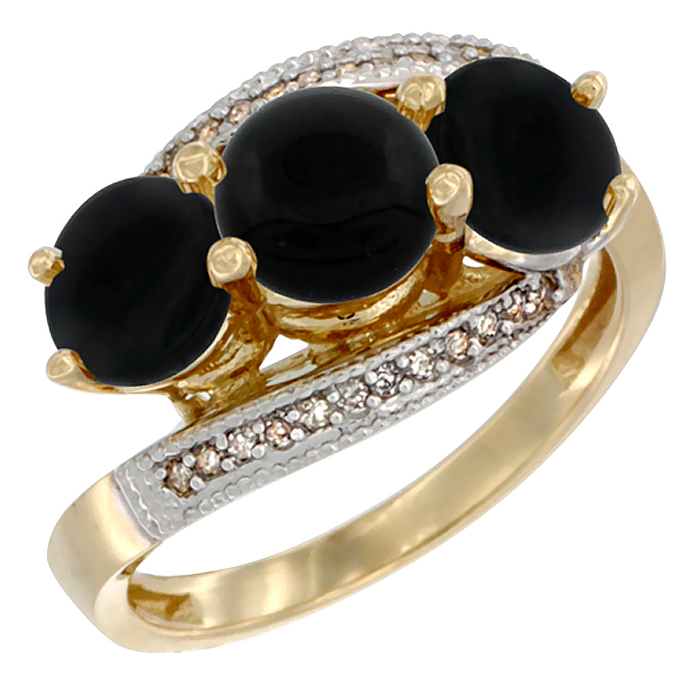 14K Yellow Gold Natural Black Onyx 3 stone Ring Round 6mm Diamond Accent, sizes 5 - 10