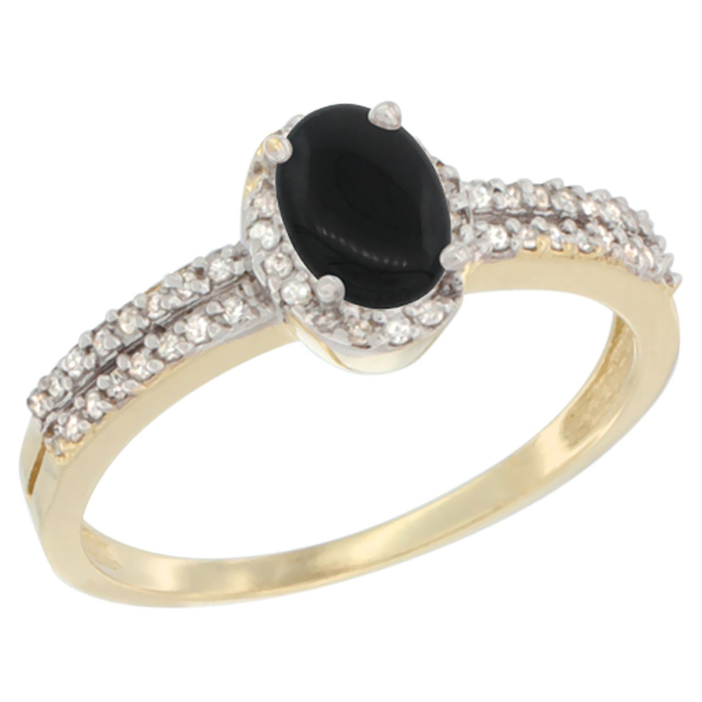10K Yellow Gold Natural Black Onyx Ring Oval 6x4mm Diamond Accent, sizes 5-10