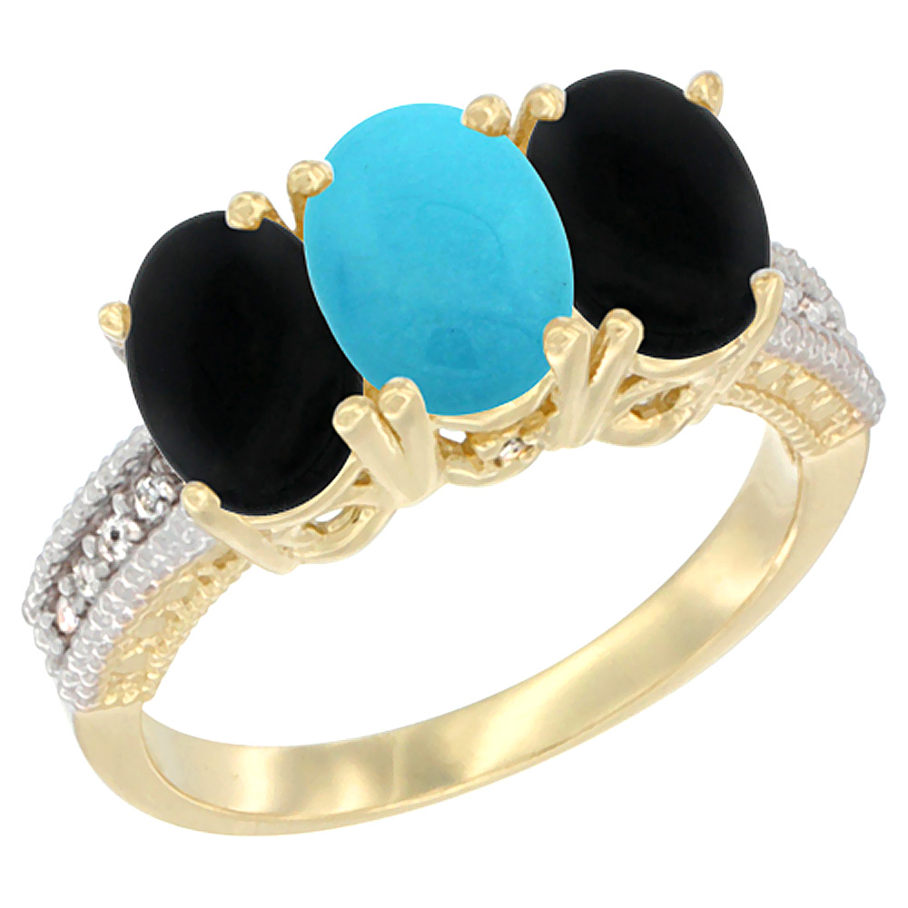 14K Yellow Gold Natural Turquoise &amp; Black Onyx Sides Ring 3-Stone 7x5 mm Oval Diamond Accent, sizes 5 - 10