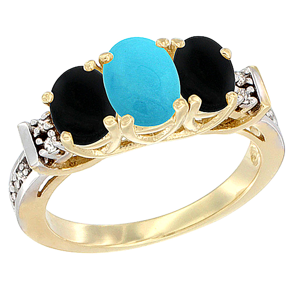 14K Yellow Gold Natural Turquoise &amp; Black Onyx Ring 3-Stone Oval Diamond Accent