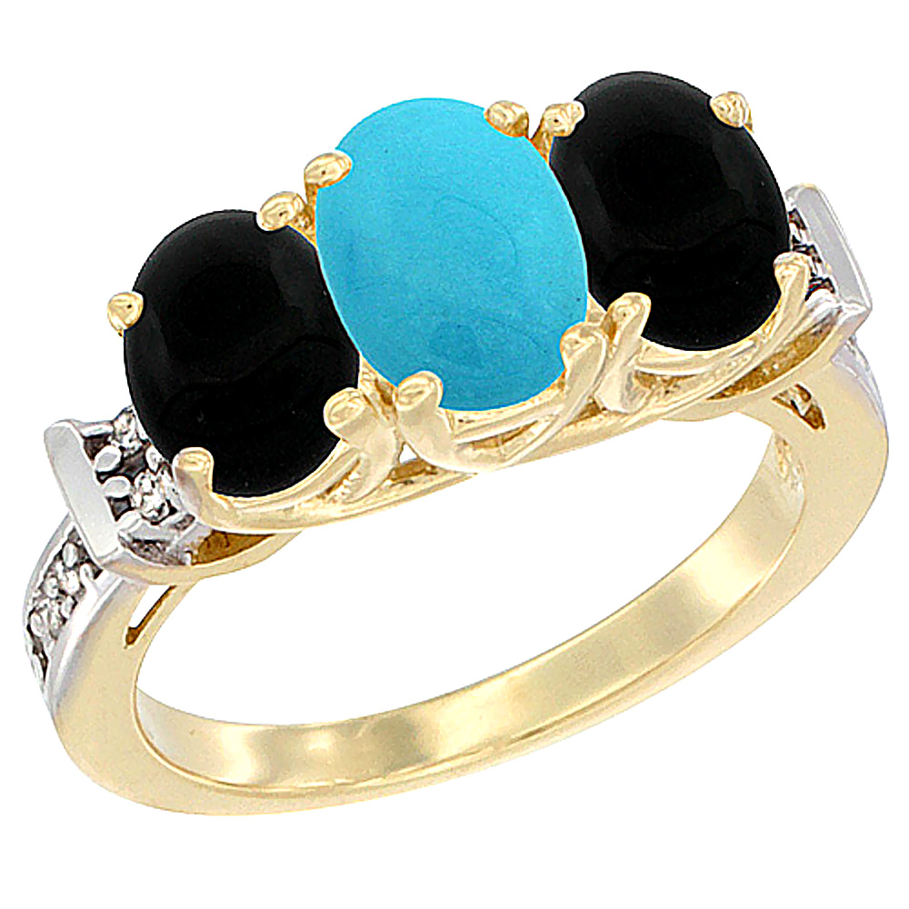 14K Yellow Gold Natural Turquoise &amp; Black Onyx Sides Ring 3-Stone Oval Diamond Accent, sizes 5 - 10