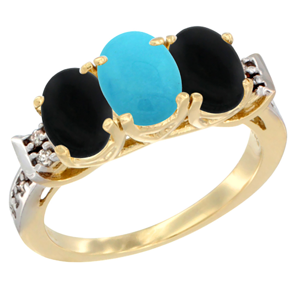 14K Yellow Gold Natural Turquoise &amp; Black Onyx Sides Ring 3-Stone Oval 7x5 mm Diamond Accent, sizes 5 - 10