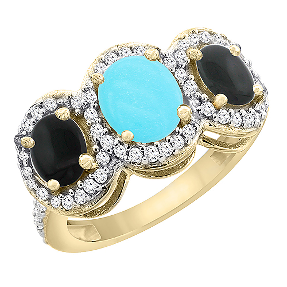 10K Yellow Gold Natural Turquoise &amp; Black Onyx 3-Stone Ring Oval Diamond Accent, sizes 5 - 10