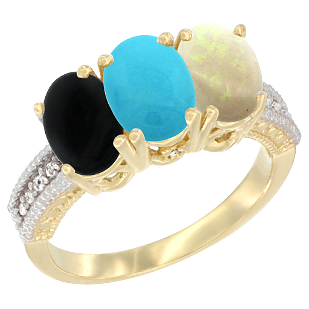 14K Yellow Gold Natural Black Onyx, Turquoise & Opal Ring 3-Stone 7x5 mm Oval Diamond Accent, sizes 5 - 10