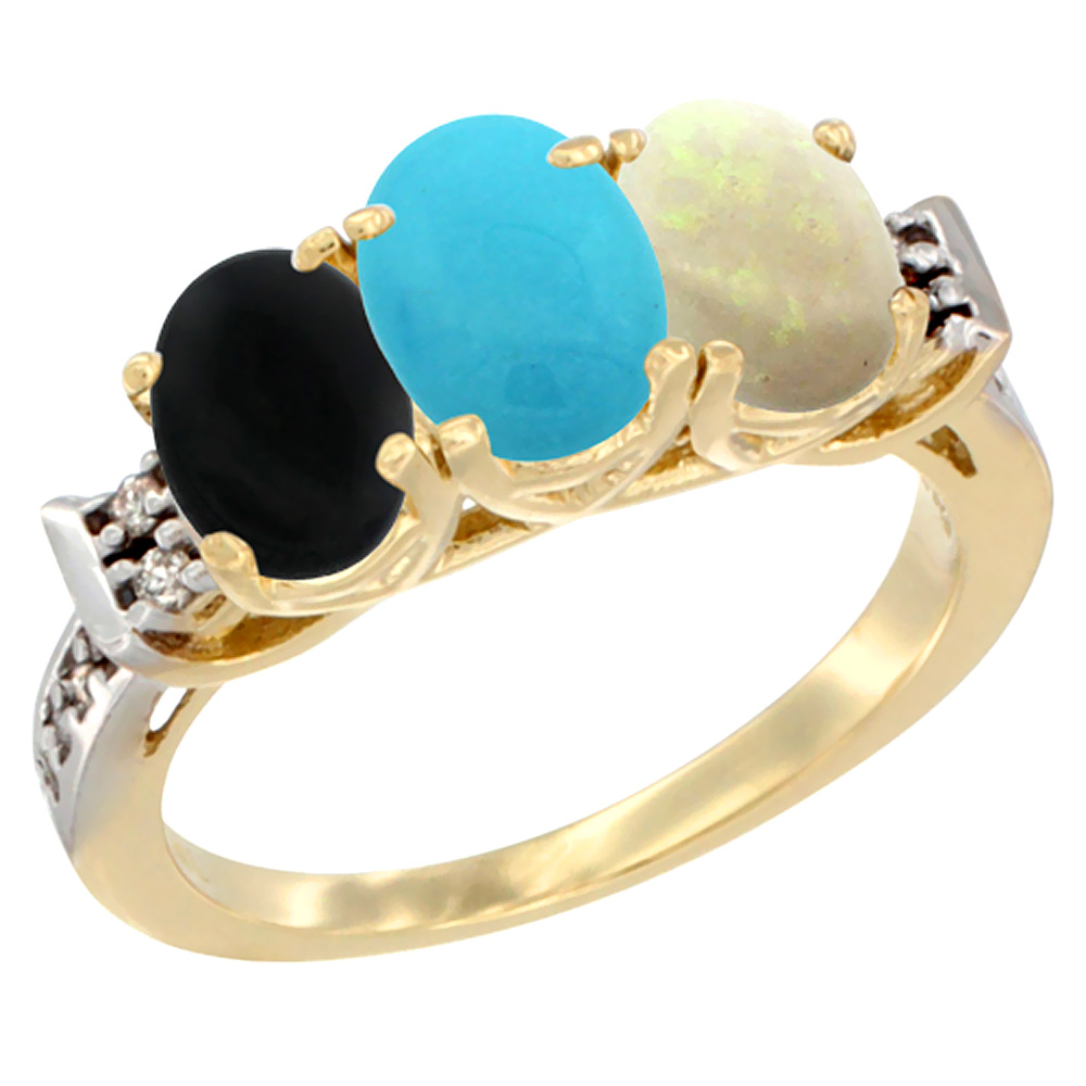 10K Yellow Gold Natural Black Onyx, Turquoise & Opal Ring 3-Stone Oval 7x5 mm Diamond Accent, sizes 5 - 10
