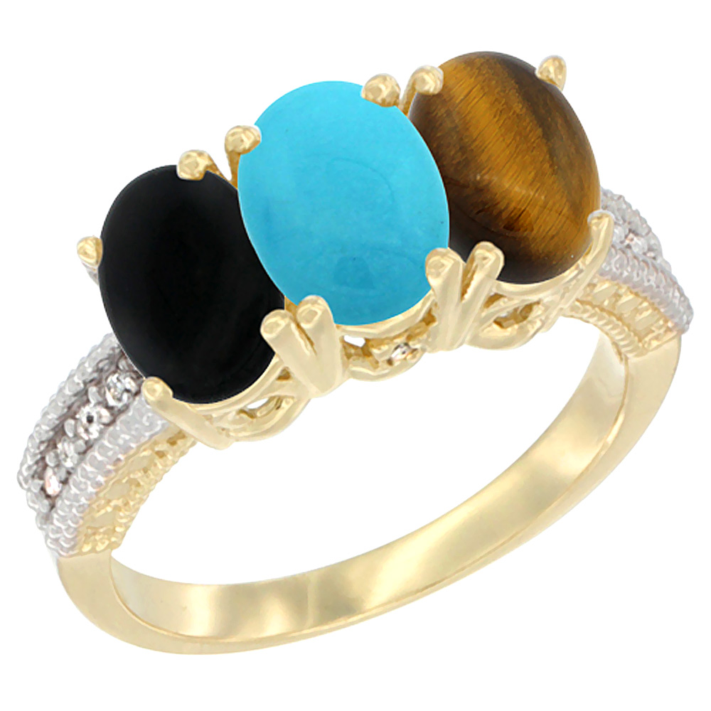 14K Yellow Gold Natural Black Onyx, Turquoise & Tiger Eye Ring 3-Stone 7x5 mm Oval Diamond Accent, sizes 5 - 10
