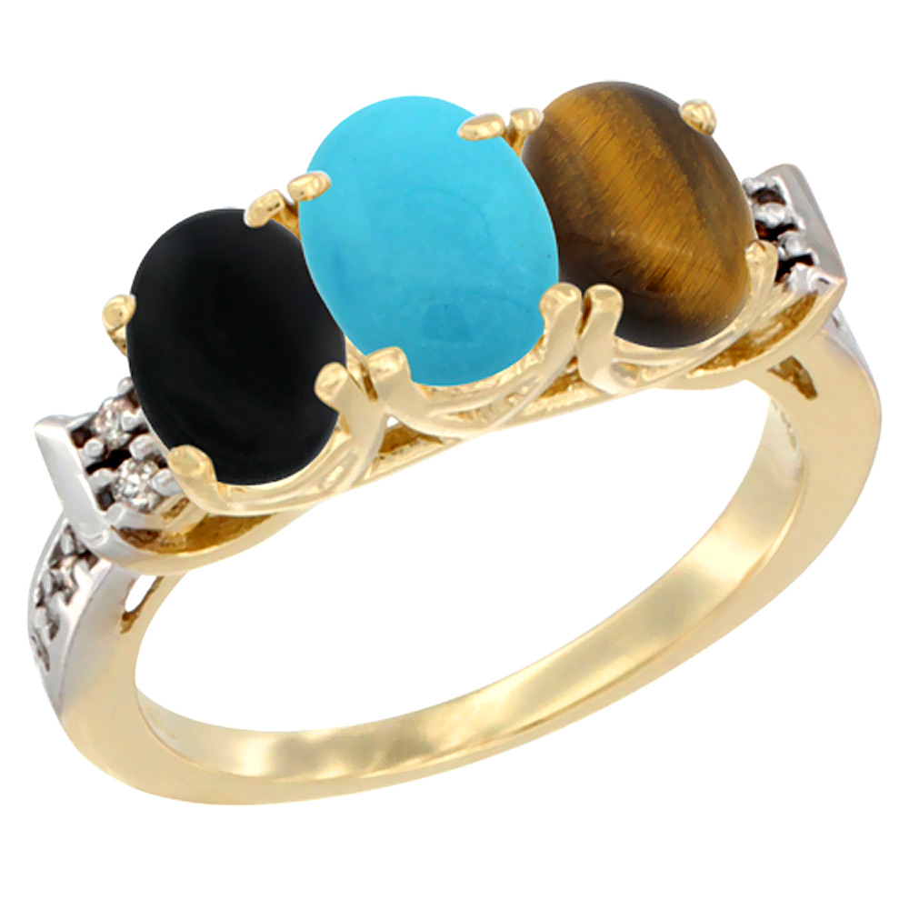 10K Yellow Gold Natural Black Onyx, Turquoise & Tiger Eye Ring 3-Stone Oval 7x5 mm Diamond Accent, sizes 5 - 10