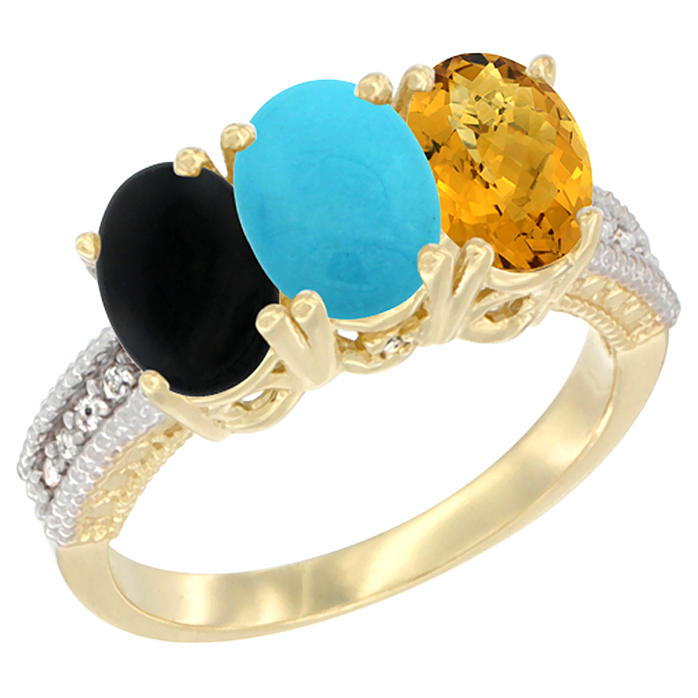 14K Yellow Gold Natural Black Onyx, Turquoise &amp; Whisky Quartz Ring 3-Stone 7x5 mm Oval Diamond Accent, sizes 5 - 10