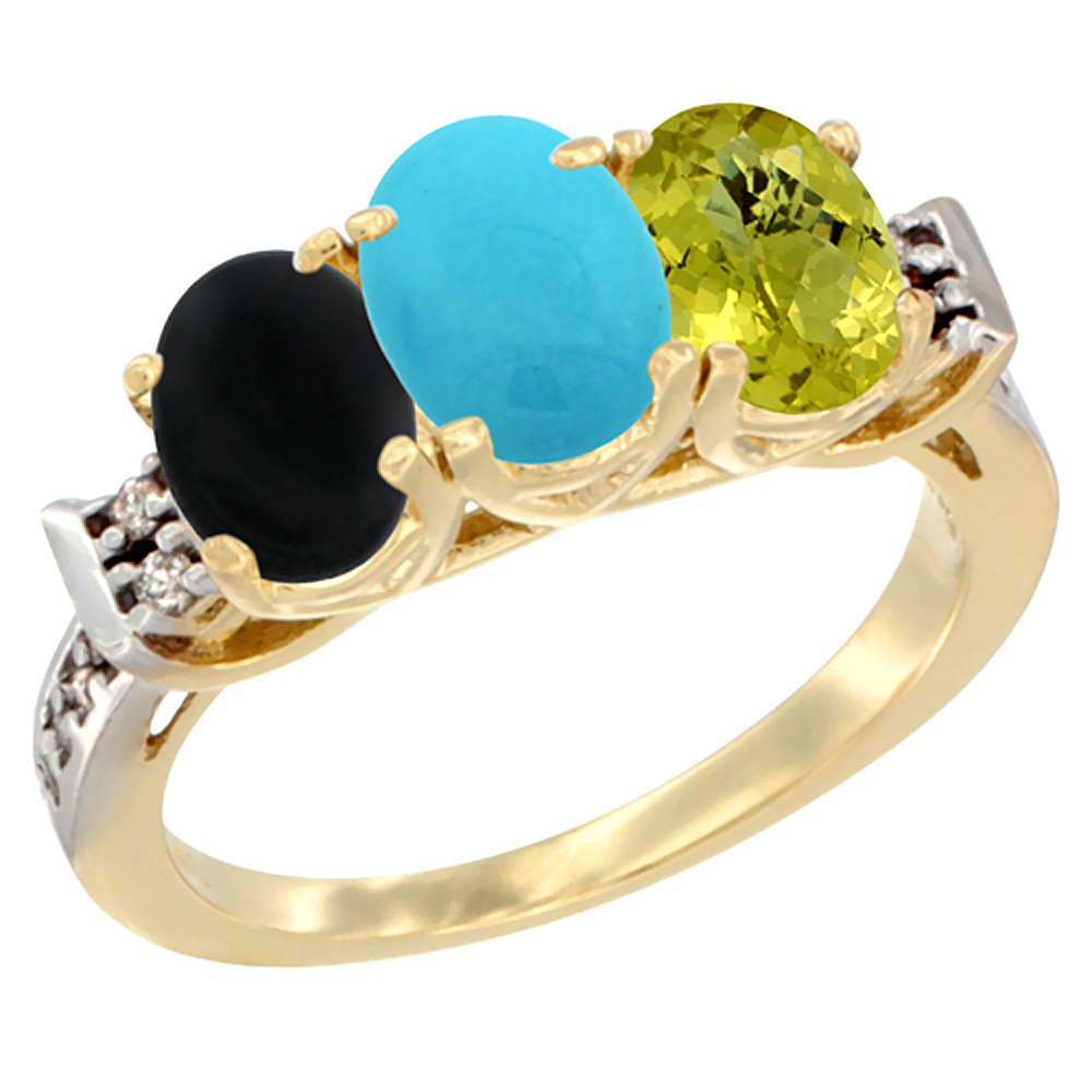 10K Yellow Gold Natural Black Onyx, Turquoise & Lemon Quartz Ring 3-Stone Oval 7x5 mm Diamond Accent, sizes 5 - 10