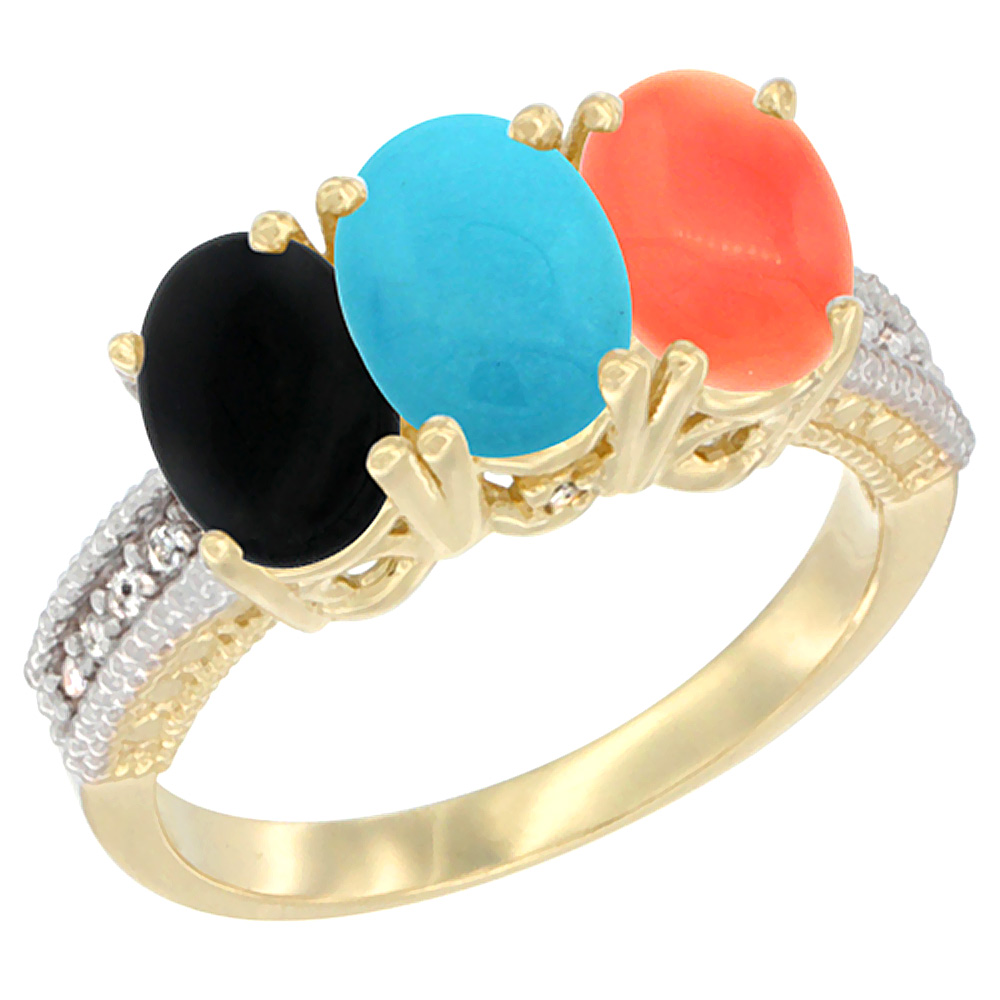 10K Yellow Gold Diamond Natural Black Onyx, Turquoise & Coral Ring 3-Stone 7x5 mm Oval, sizes 5 - 10