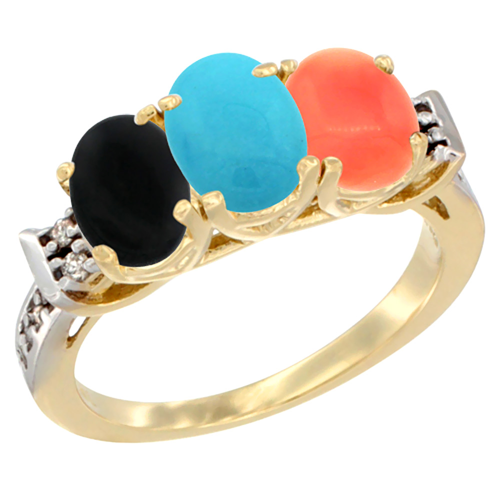 14K Yellow Gold Natural Black Onyx, Turquoise &amp; Coral Ring 3-Stone Oval 7x5 mm Diamond Accent, sizes 5 - 10