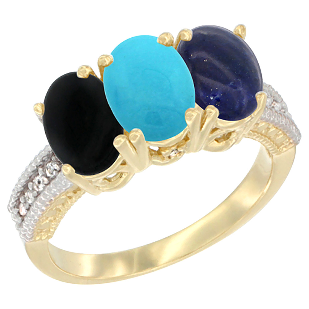 14K Yellow Gold Natural Black Onyx, Turquoise &amp; Lapis Ring 3-Stone 7x5 mm Oval Diamond Accent, sizes 5 - 10