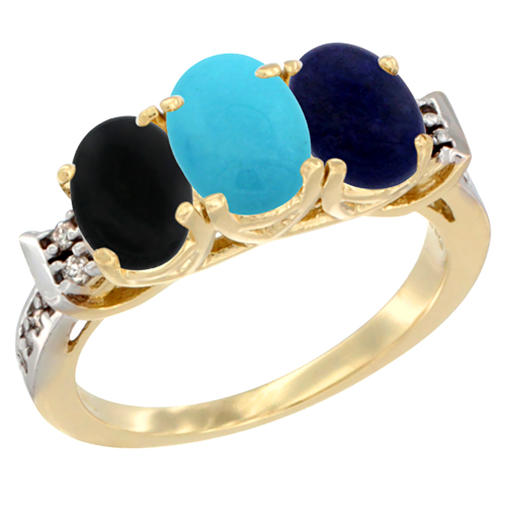 10K Yellow Gold Natural Black Onyx, Turquoise & Lapis Ring 3-Stone Oval 7x5 mm Diamond Accent, sizes 5 - 10
