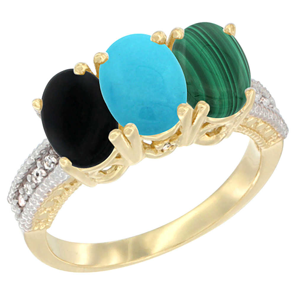 10K Yellow Gold Diamond Natural Black Onyx, Turquoise & Malachite Ring 3-Stone 7x5 mm Oval, sizes 5 - 10