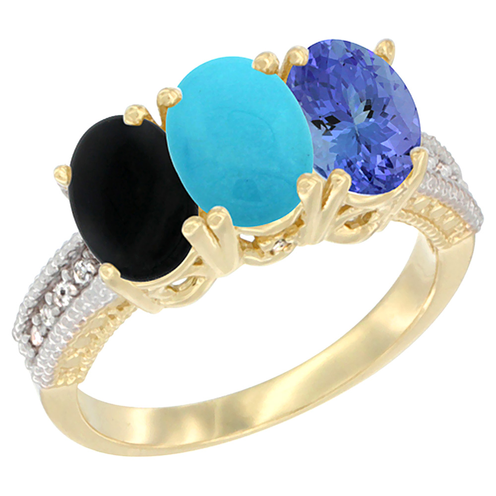 10K Yellow Gold Diamond Natural Black Onyx, Turquoise &amp; Tanzanite Ring 3-Stone 7x5 mm Oval, sizes 5 - 10