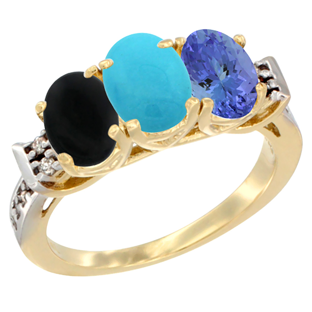 10K Yellow Gold Natural Black Onyx, Turquoise &amp; Tanzanite Ring 3-Stone Oval 7x5 mm Diamond Accent, sizes 5 - 10