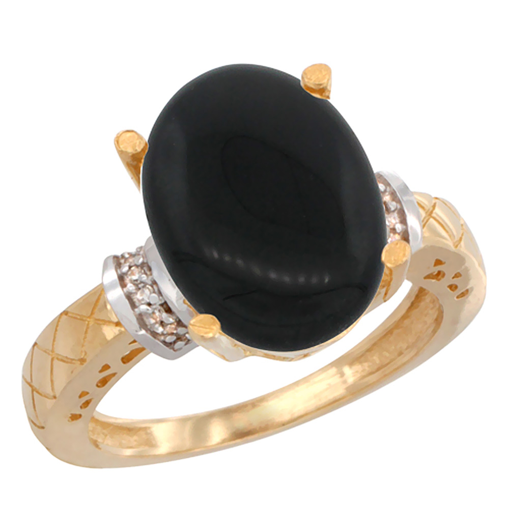10K Yellow Gold Diamond Natural Black Onyx Ring Oval 14x10mm, sizes 5-10