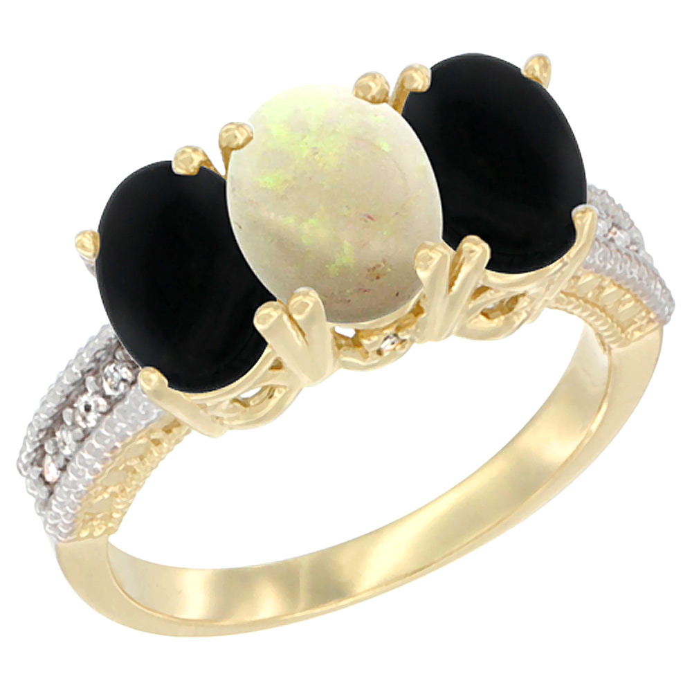 14K Yellow Gold Natural Opal &amp; Black Onyx Sides Ring 3-Stone 7x5 mm Oval Diamond Accent, sizes 5 - 10