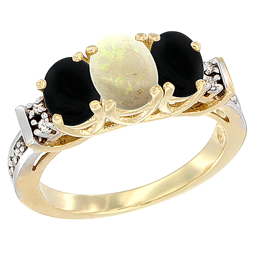 10K Yellow Gold Natural Opal & Black Onyx Ring 3-Stone Oval Diamond Accent