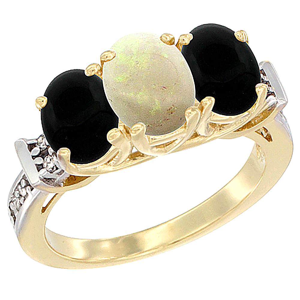 10K Yellow Gold Natural Opal &amp; Black Onyx Sides Ring 3-Stone Oval Diamond Accent, sizes 5 - 10