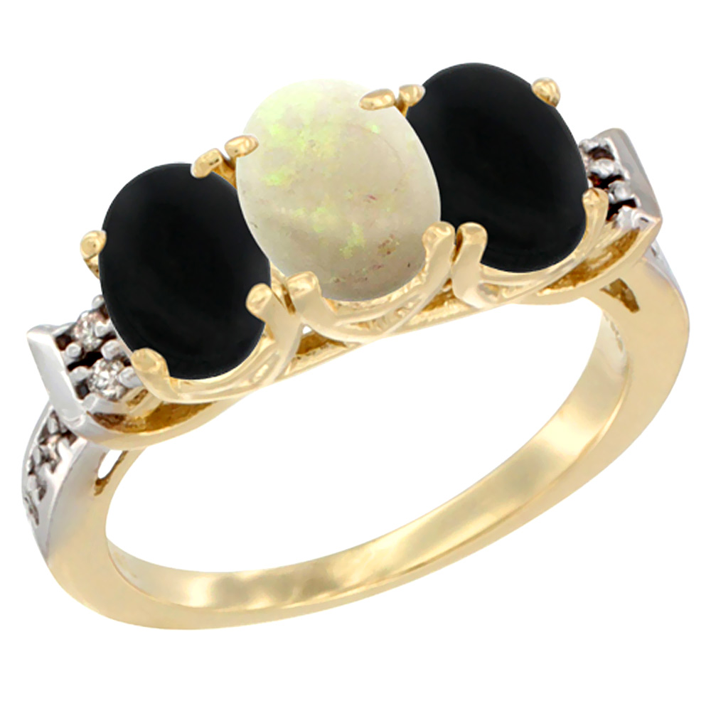 14K Yellow Gold Natural Opal &amp; Black Onyx Sides Ring 3-Stone Oval 7x5 mm Diamond Accent, sizes 5 - 10
