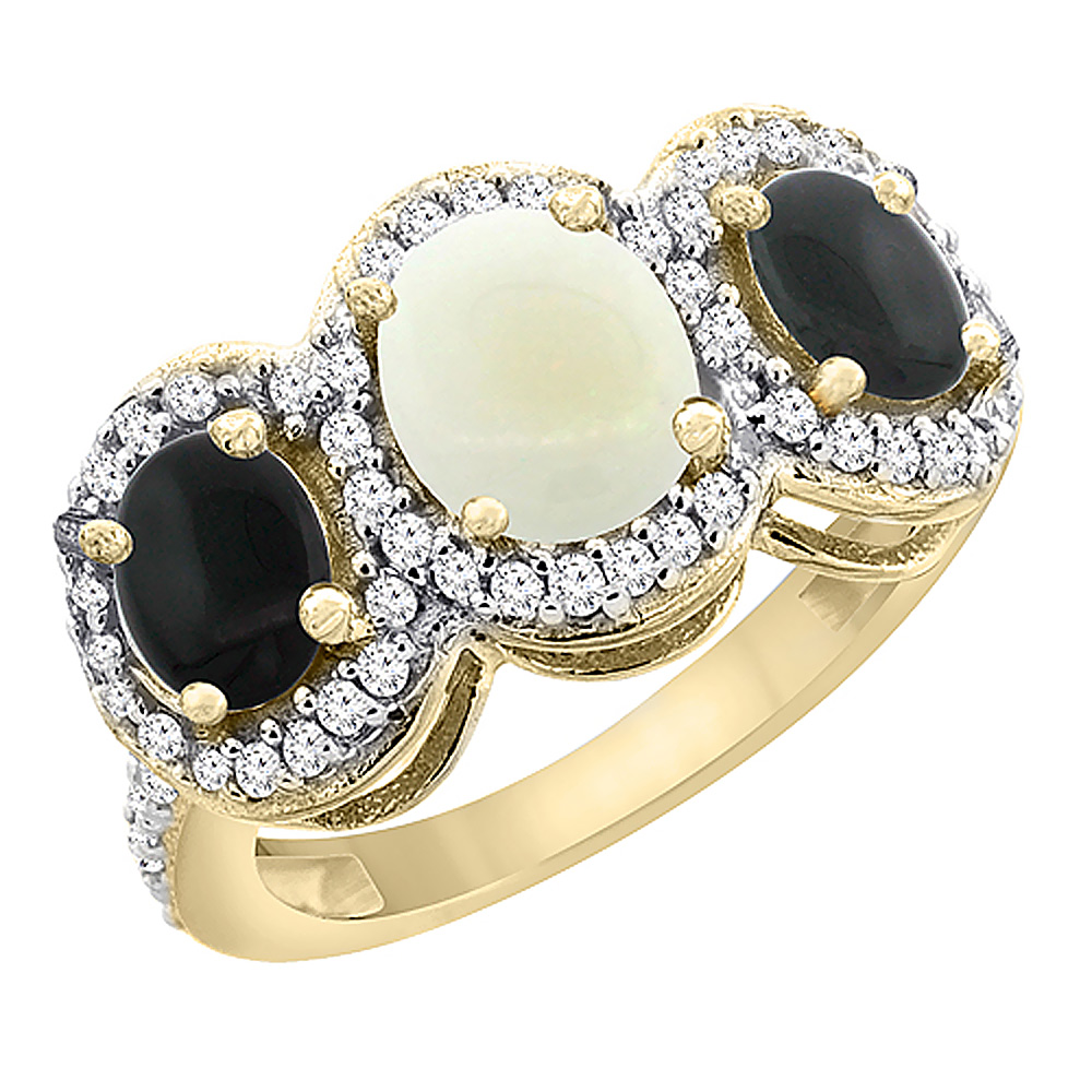 10K Yellow Gold Natural Opal & Black Onyx 3-Stone Ring Oval Diamond Accent, sizes 5 - 10