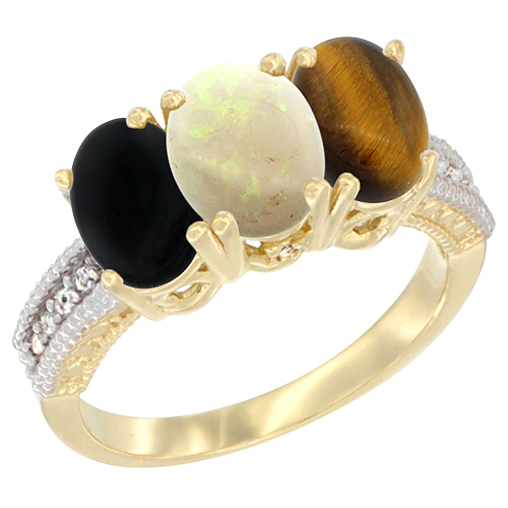 14K Yellow Gold Natural Black Onyx, Opal &amp; Tiger Eye Ring 3-Stone 7x5 mm Oval Diamond Accent, sizes 5 - 10