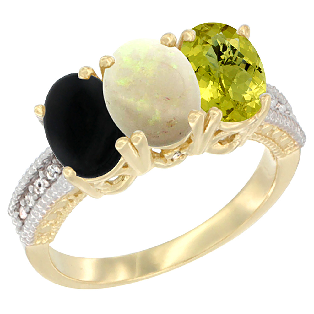 10K Yellow Gold Diamond Natural Black Onyx, Opal &amp; Lemon Quartz Ring 3-Stone 7x5 mm Oval, sizes 5 - 10