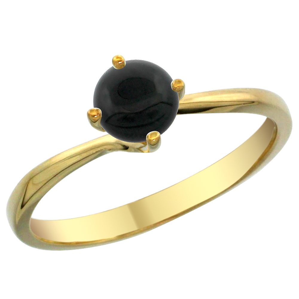 14K Yellow Gold Natural Black Onyx Solitaire Ring Round 6mm, sizes 5 - 10