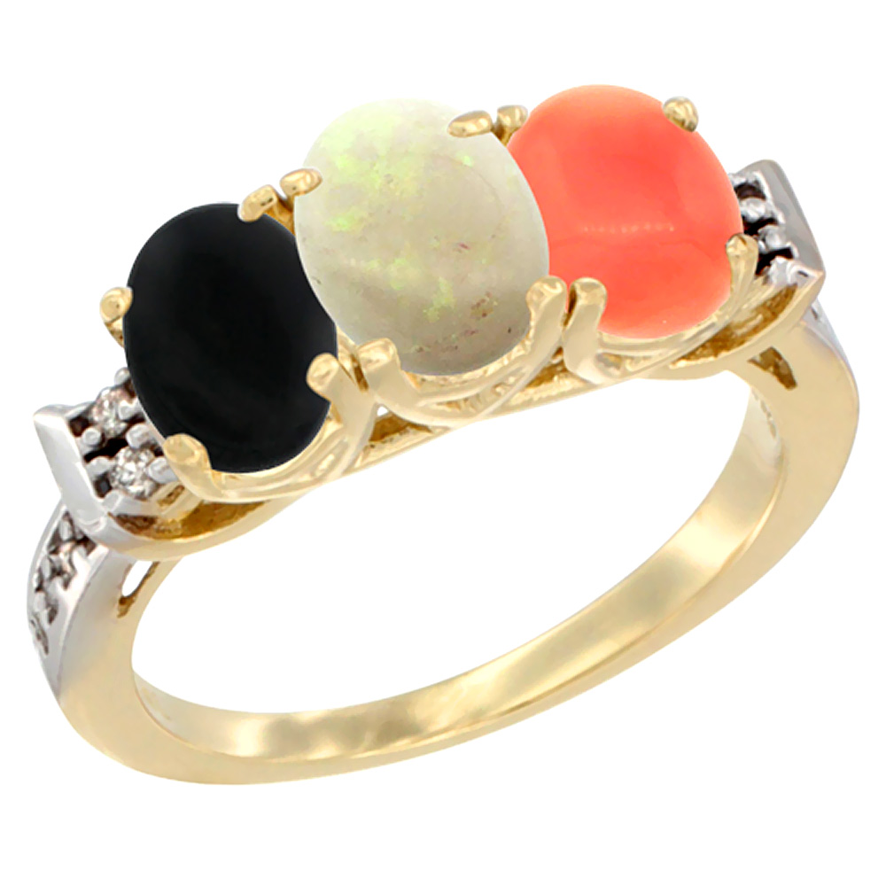 10K Yellow Gold Natural Black Onyx, Opal & Coral Ring 3-Stone Oval 7x5 mm Diamond Accent, sizes 5 - 10