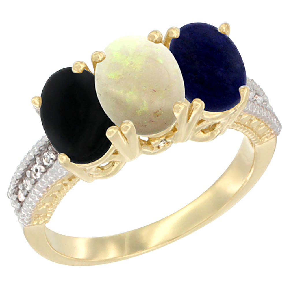 14K Yellow Gold Natural Black Onyx, Opal & Lapis Ring 3-Stone 7x5 mm Oval Diamond Accent, sizes 5 - 10