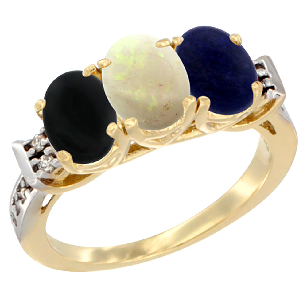 10K Yellow Gold Natural Black Onyx, Opal & Lapis Ring 3-Stone Oval 7x5 mm Diamond Accent, sizes 5 - 10