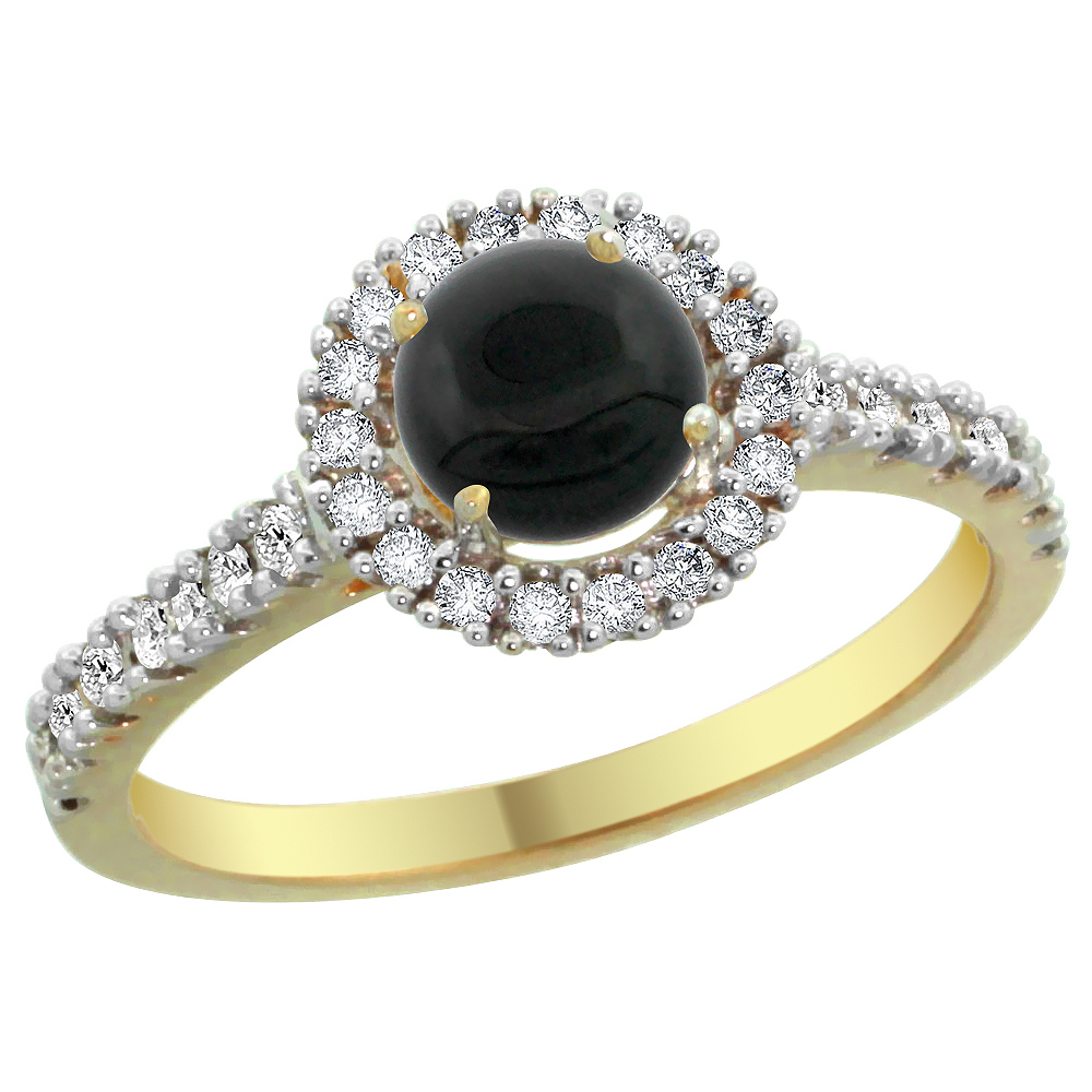 14K Yellow Gold Diamond Halo Natural Black Onyx Ring Round 6mm, sizes 5 - 10