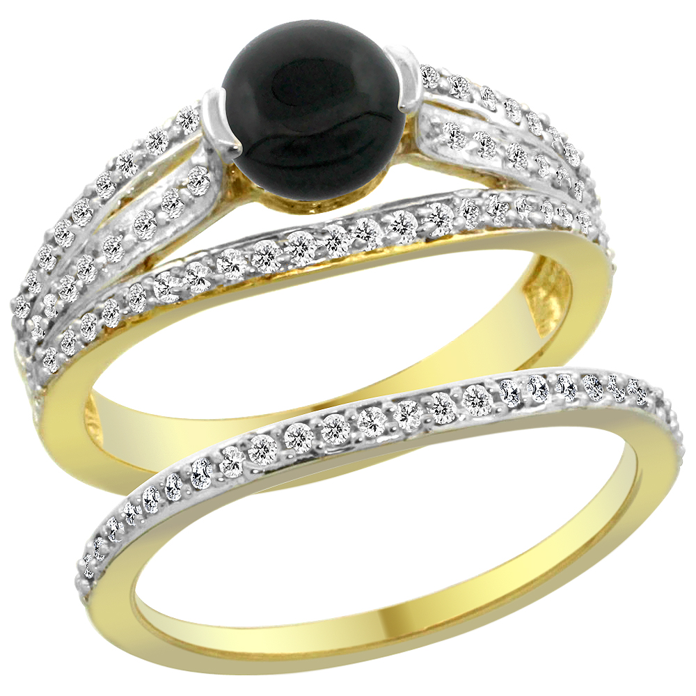 14K Yellow Gold Natural Black Onyx 2-piece Engagement Ring Set Round 6mm, sizes 5 - 10