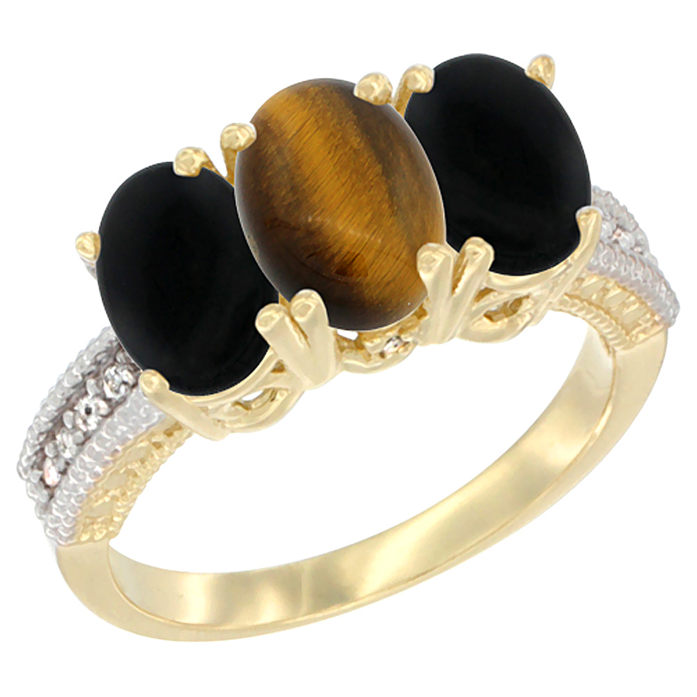 14K Yellow Gold Natural Tiger Eye & Black Onyx Sides Ring 3-Stone 7x5 mm Oval Diamond Accent, sizes 5 - 10