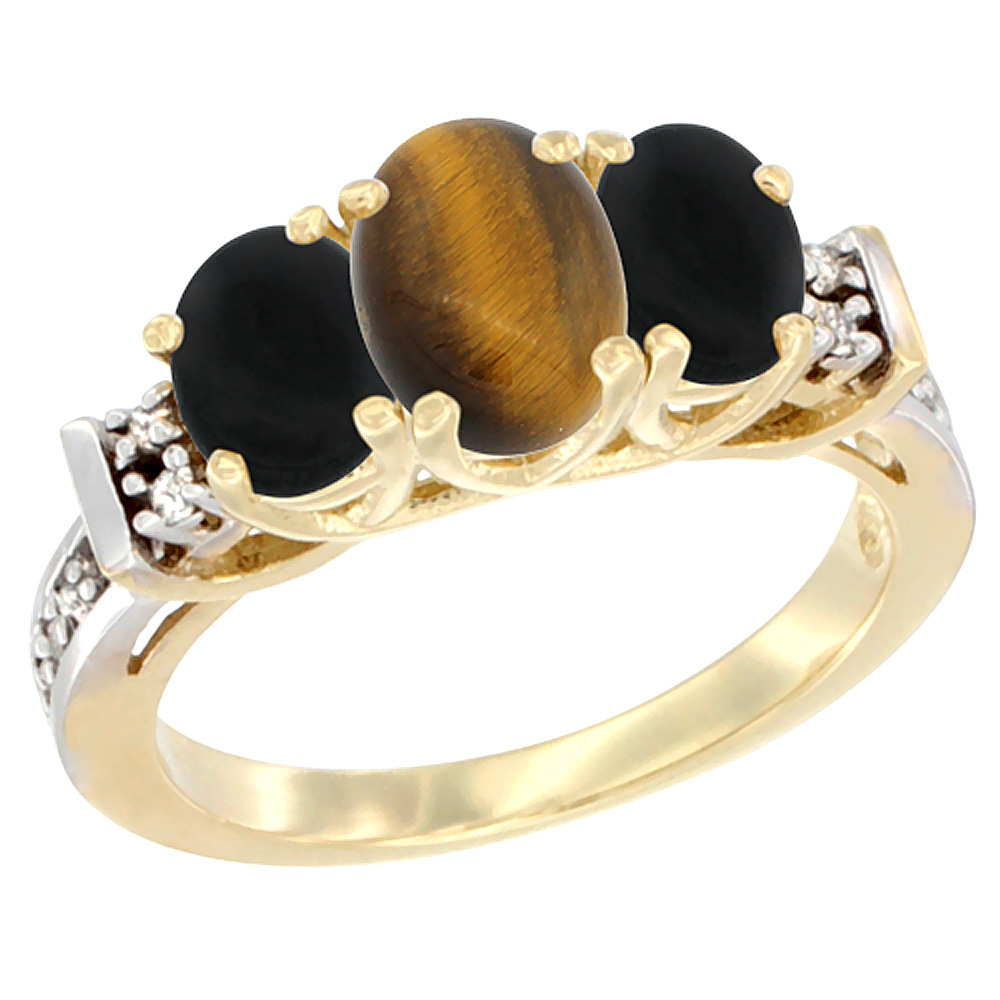 10K Yellow Gold Natural Tiger Eye & Black Onyx Ring 3-Stone Oval Diamond Accent