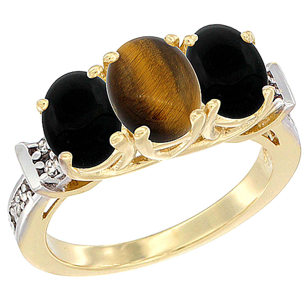 10K Yellow Gold Natural Tiger Eye & Black Onyx Sides Ring 3-Stone Oval Diamond Accent, sizes 5 - 10