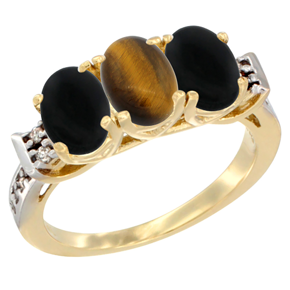 10K Yellow Gold Natural Tiger Eye & Black Onyx Sides Ring 3-Stone Oval 7x5 mm Diamond Accent, sizes 5 - 10