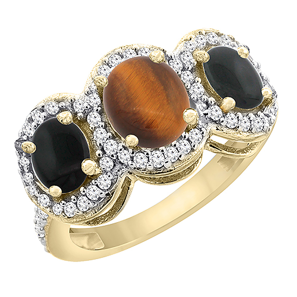 14K Yellow Gold Natural Tiger Eye & Black Onyx 3-Stone Ring Oval Diamond Accent, sizes 5 - 10