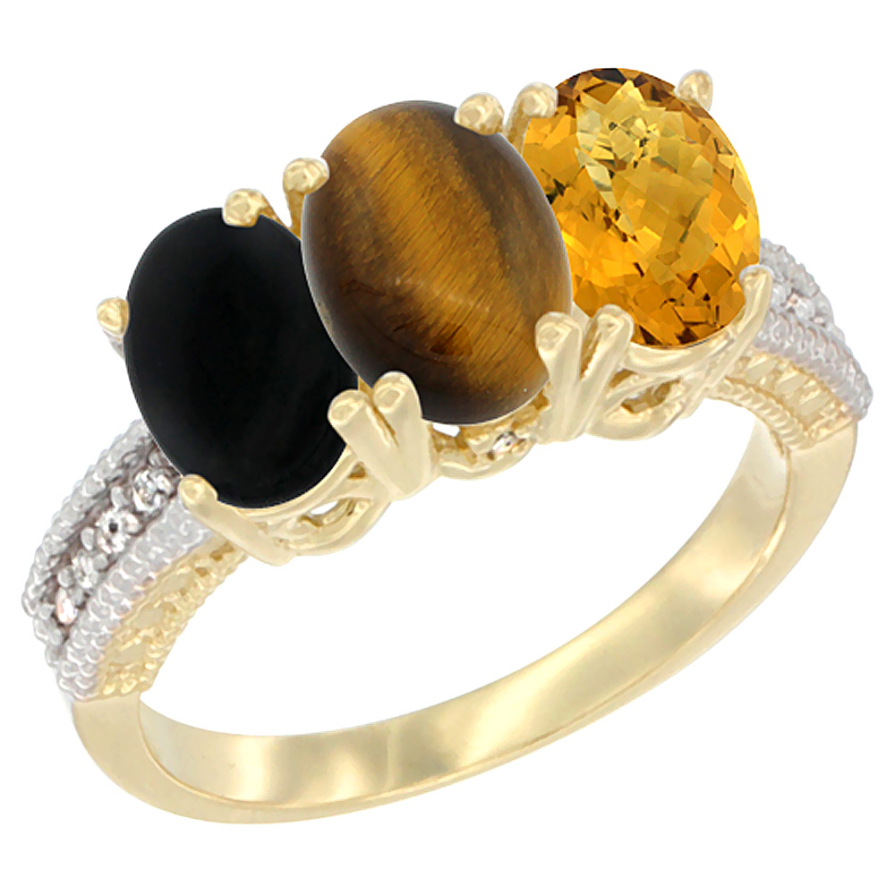 14K Yellow Gold Natural Black Onyx, Tiger Eye & Whisky Quartz Ring 3-Stone 7x5 mm Oval Diamond Accent, sizes 5 - 10