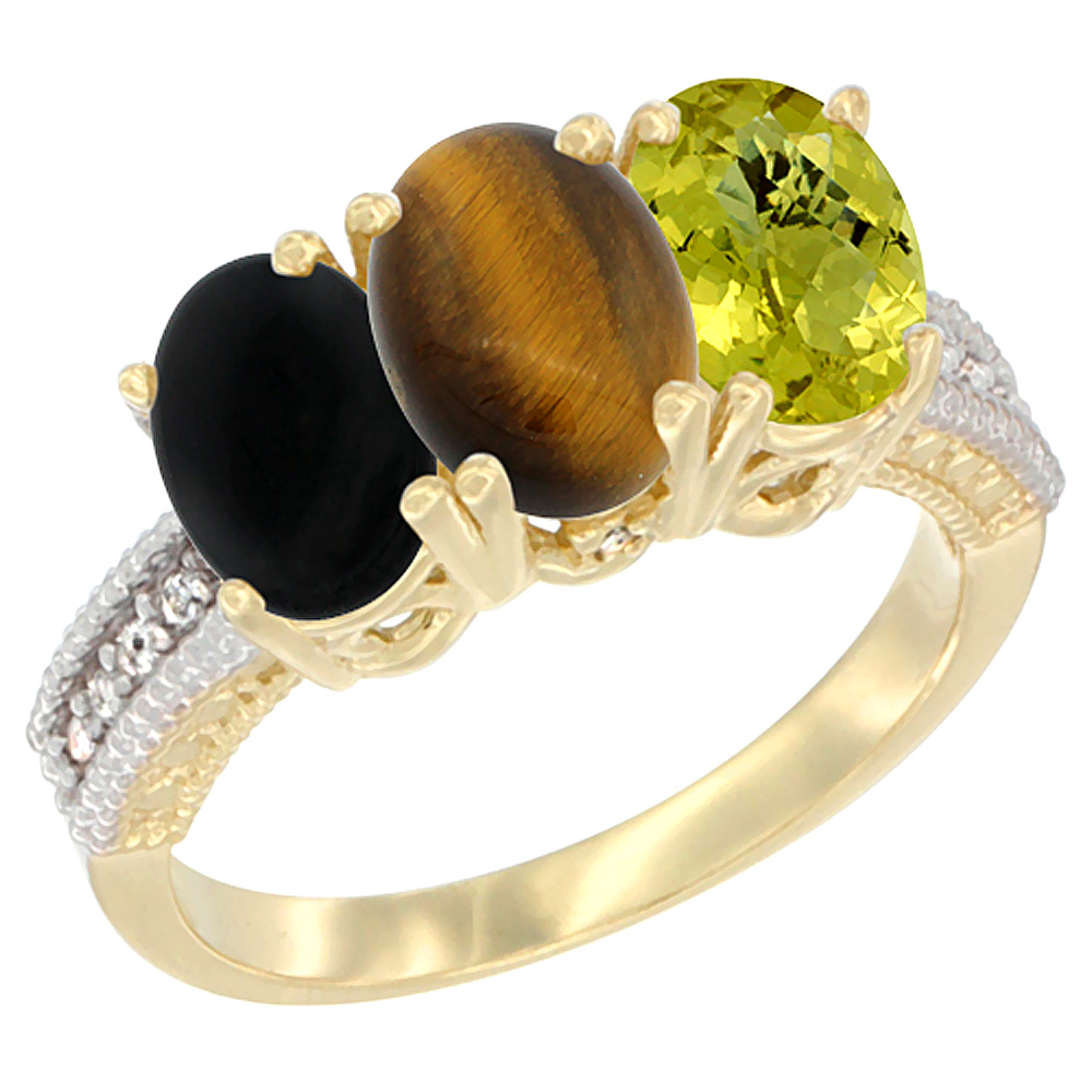 14K Yellow Gold Natural Black Onyx, Tiger Eye &amp; Lemon Quartz Ring 3-Stone 7x5 mm Oval Diamond Accent, sizes 5 - 10