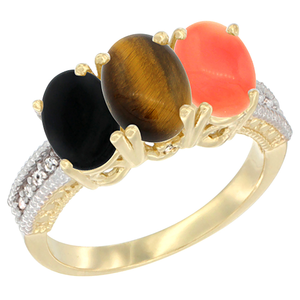 14K Yellow Gold Natural Black Onyx, Tiger Eye &amp; Coral Ring 3-Stone 7x5 mm Oval Diamond Accent, sizes 5 - 10