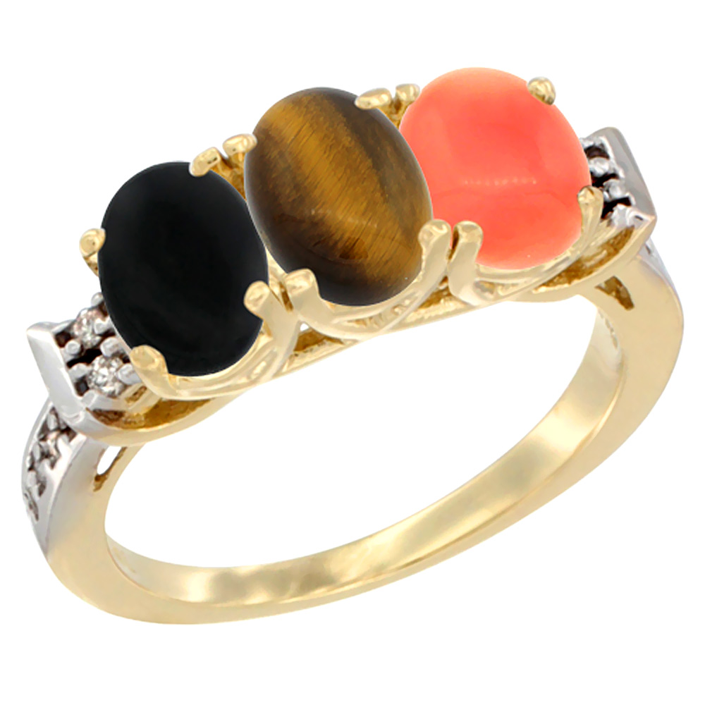 10K Yellow Gold Natural Black Onyx, Tiger Eye & Coral Ring 3-Stone Oval 7x5 mm Diamond Accent, sizes 5 - 10