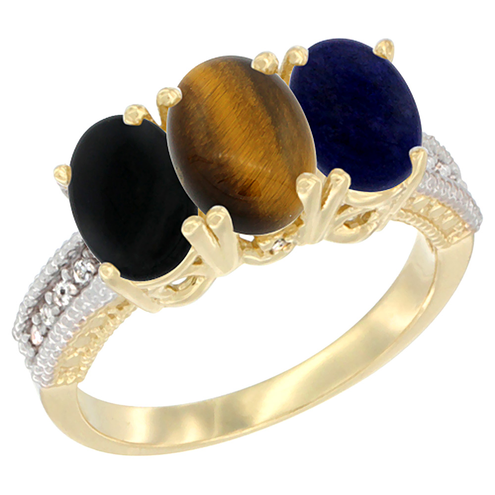 10K Yellow Gold Diamond Natural Black Onyx, Tiger Eye &amp; Lapis Ring 3-Stone 7x5 mm Oval, sizes 5 - 10