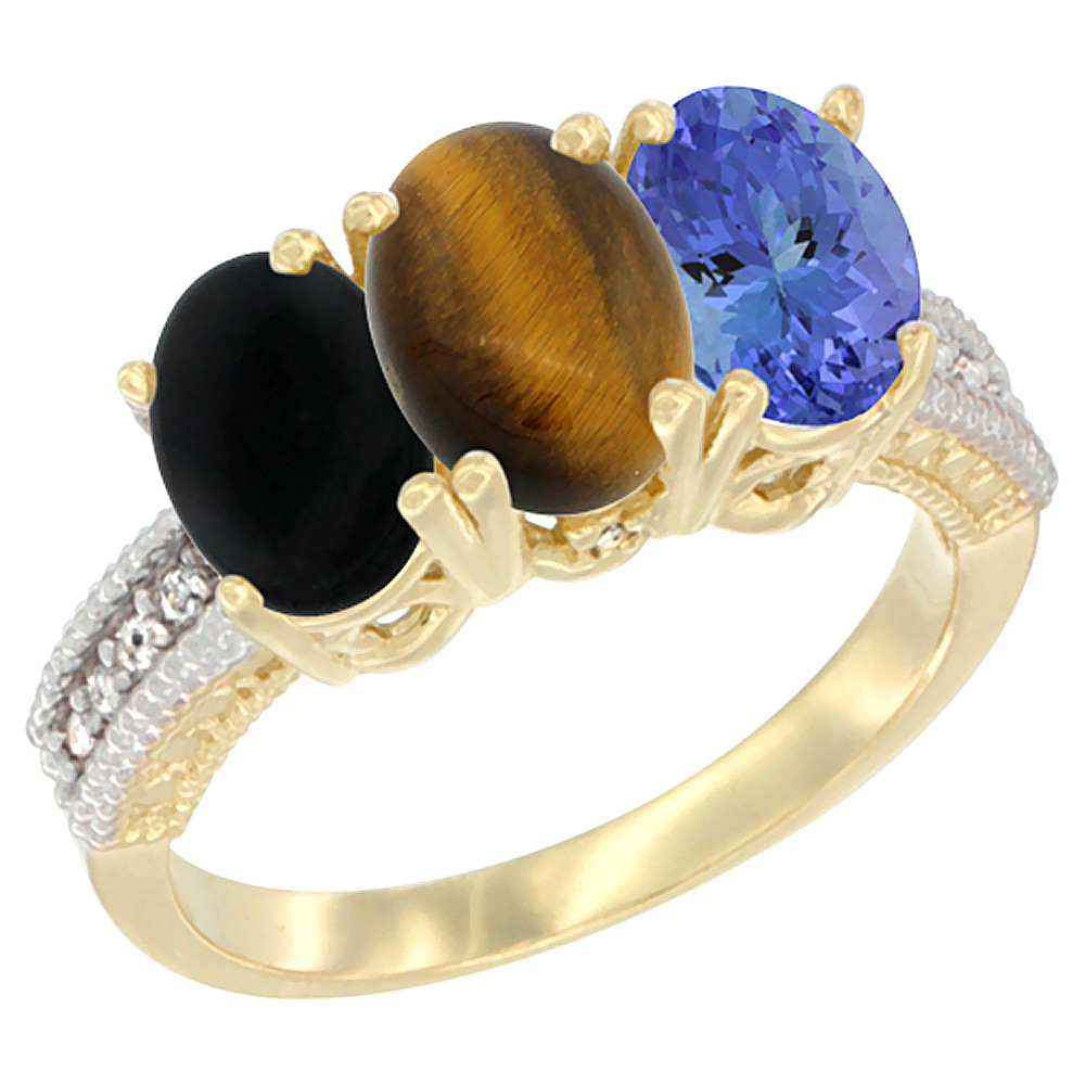 10K Yellow Gold Diamond Natural Black Onyx, Tiger Eye & Tanzanite Ring 3-Stone 7x5 mm Oval, sizes 5 - 10