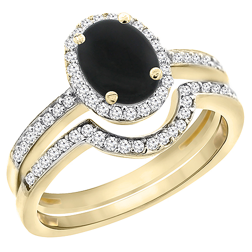 14K Yellow Gold Diamond Natural Black Onyx 2-Pc. Engagement Ring Set Oval 8x6 mm, sizes 5 - 10