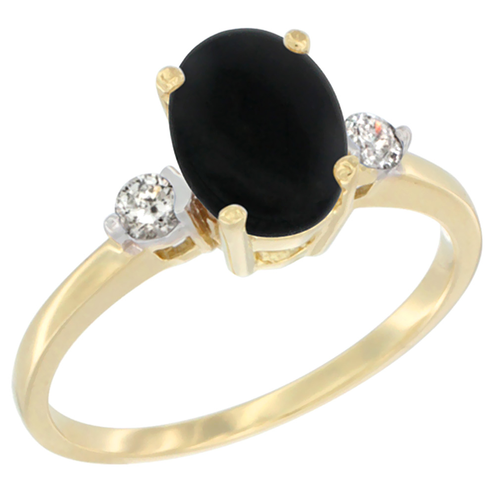10K Yellow Gold Natural Black Onyx Ring Oval 9x7 mm Diamond Accent, sizes 5 to 10