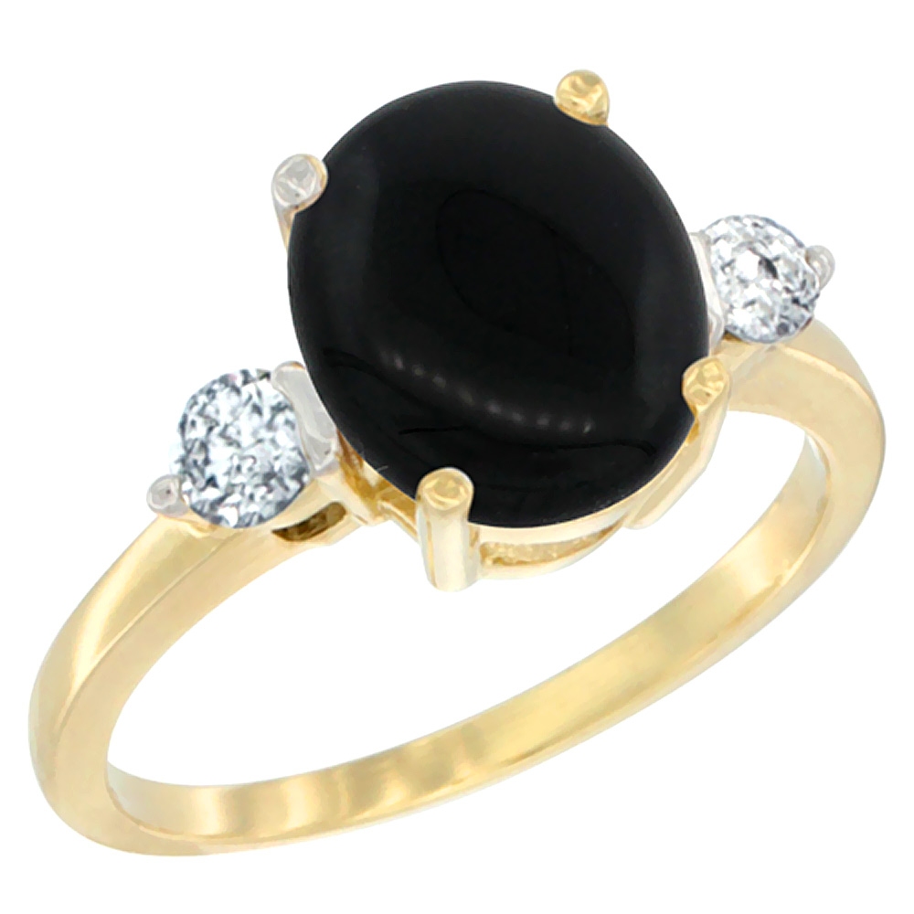 14K Yellow Gold 10x8mm Oval Natural Black Onyx Ring for Women Diamond Side-stones sizes 5 - 10